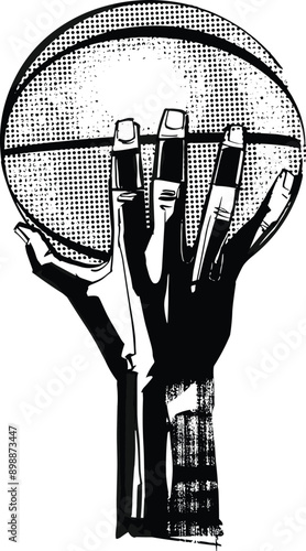 hand-drawn illustration of a basketball player's hand with a basketball ball