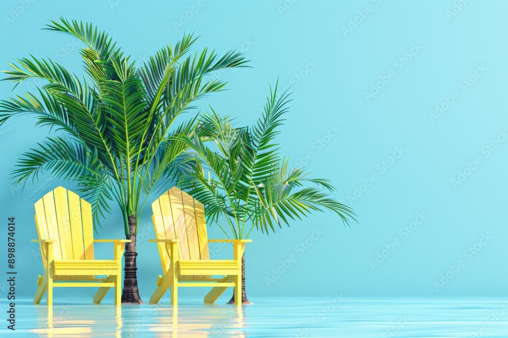 Tropical scene with palm trees and beach chairs against a blue background capturing the relaxing and sunny essence of a summer vacation Tropical scene with palm trees and beach chairs against a blue background capturing the relaxing and sunny essence of a summer vacation