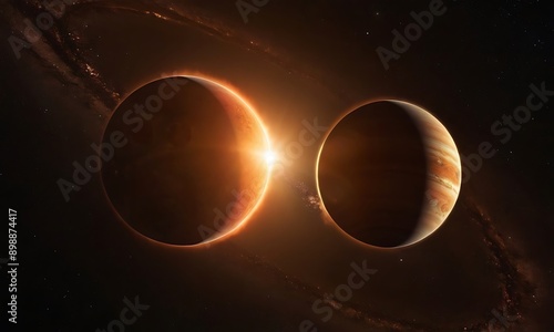 Two suns orbiting each other with planets revolving around them, casting dual shadows and unique light patterns on the planetary surfaces. photo