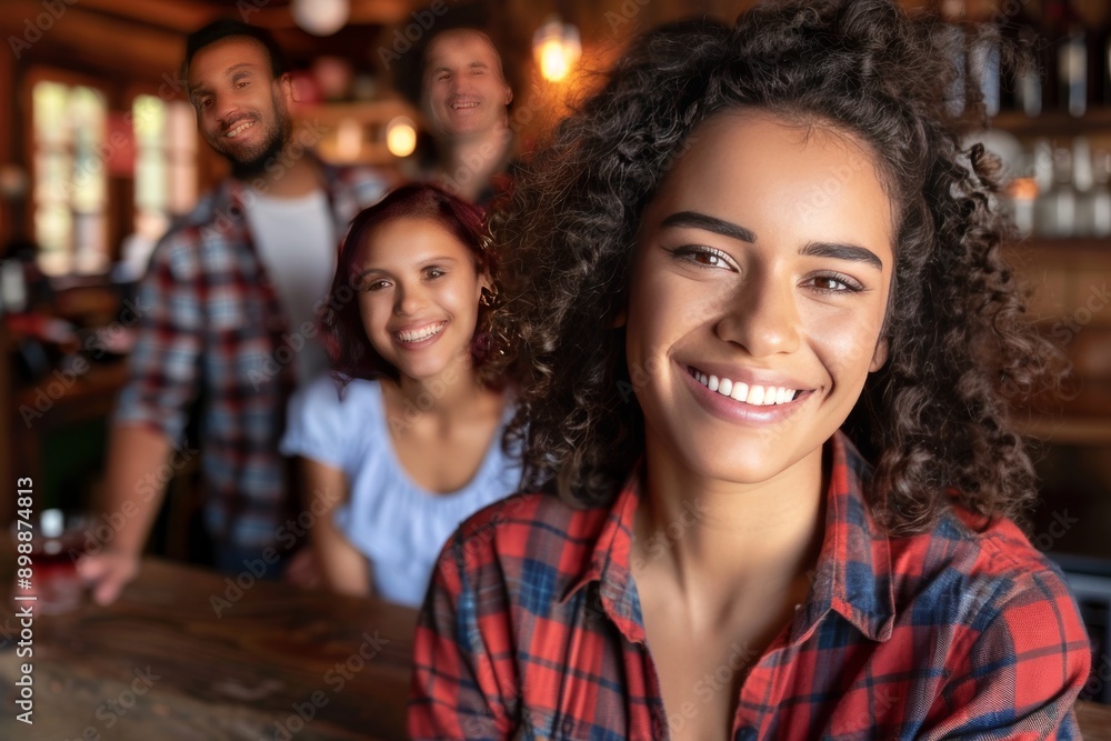 Smiling woman enjoying a drink in a lively café capturing the joyful and social atmosphere of a popular coffee shop in a detailed setting Smiling woman enjoying a drink in a lively café capturing the joyful and social atmosphere of a popular coffee shop in a detailed setting