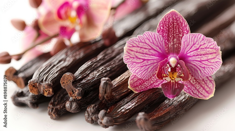 Aromatic vanilla pods with beautiful pink orchid flowers creating a luxurious and fragrant atmosphere Aromatic vanilla pods with beautiful pink orchid flowers creating a luxurious and fragrant atmosphere