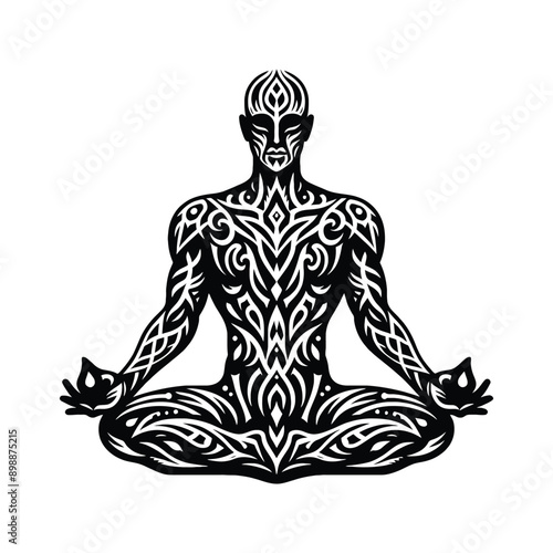 Meditation, yoga male player in ethnic tribal pattern illustration, emblem shield badge