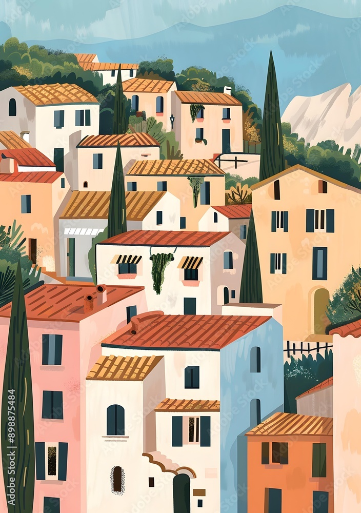 Colorful Italian Village Illustration Colorful Italian Village Illustration
