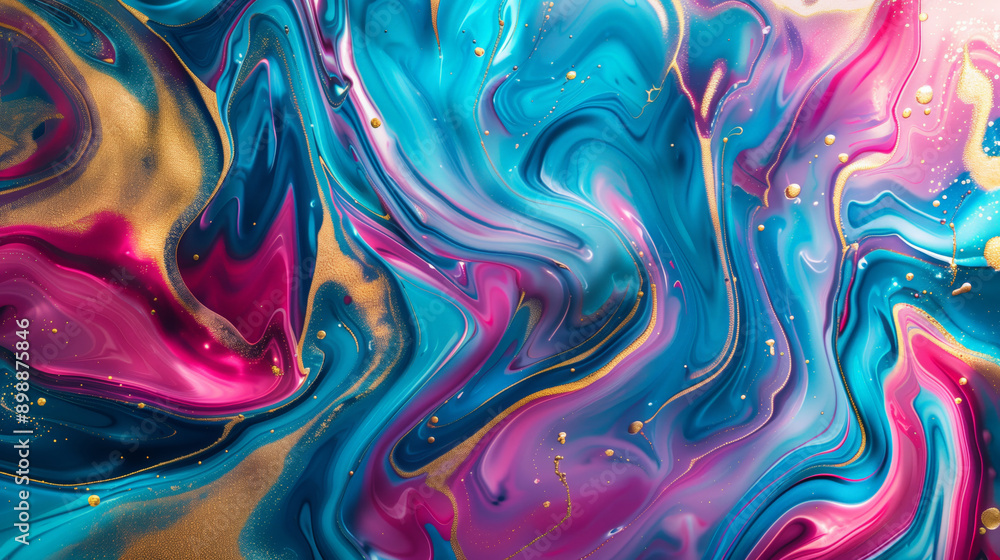 Obraz premium Photorealistic, Fluid abstract composition with vibrant marbled colors, Waves and swirls of turquoise, magenta, and gold flowing together