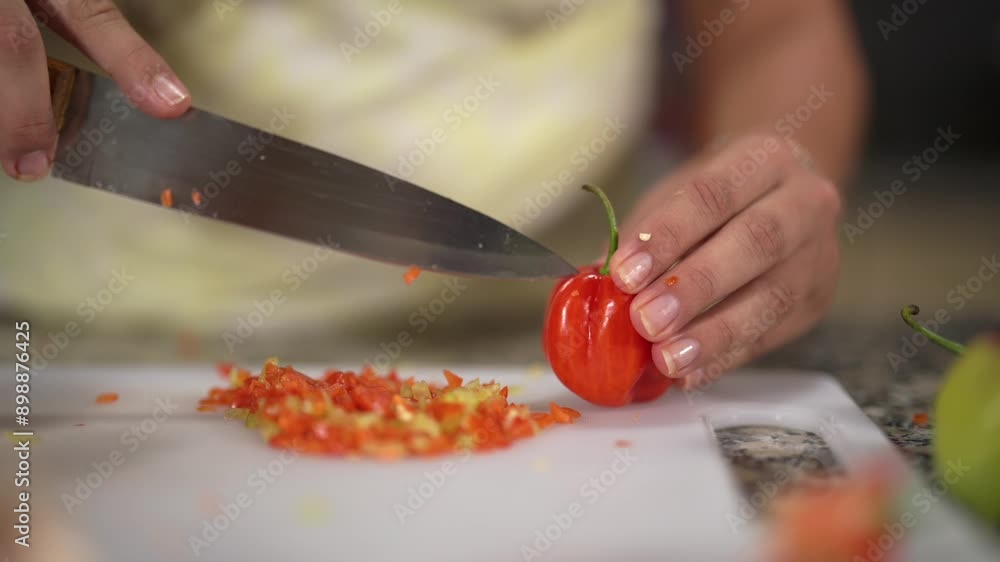 Mujer picando pimiento con cuchillo para condimentar la comida en cámara lenta