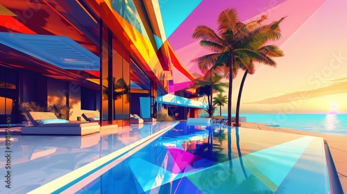 A modern luxury villa with a swimming pool and palm trees at sunset, reflecting upscale living and tranquil beauty