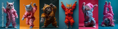 Breakdancing cats and kittens dressed in 1980s colorful neon fashion, dancing 80s dance moves with cool style and cute expressions