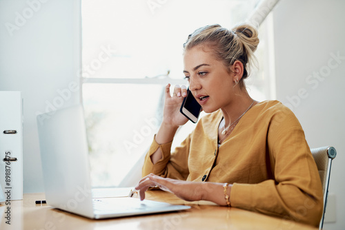 Bilde på lerret Girl, online and phone call with laptop in home office for communication, insurance query and technical support