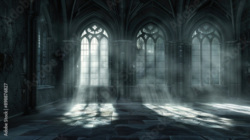 Empty dark room in Gothic style with large windows eerie and atmospheric interior grand architectural details mysterious ambiance dramatic lighting and shadows medieval design elements spacious and ha photo