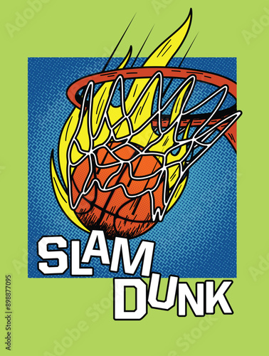 illustration of basketball ball dunked in net