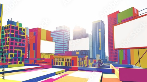 A colorful urban downtown city area with a variety of buildings and blank advertisement billboards for advertising and marketing use © jaykoppelman