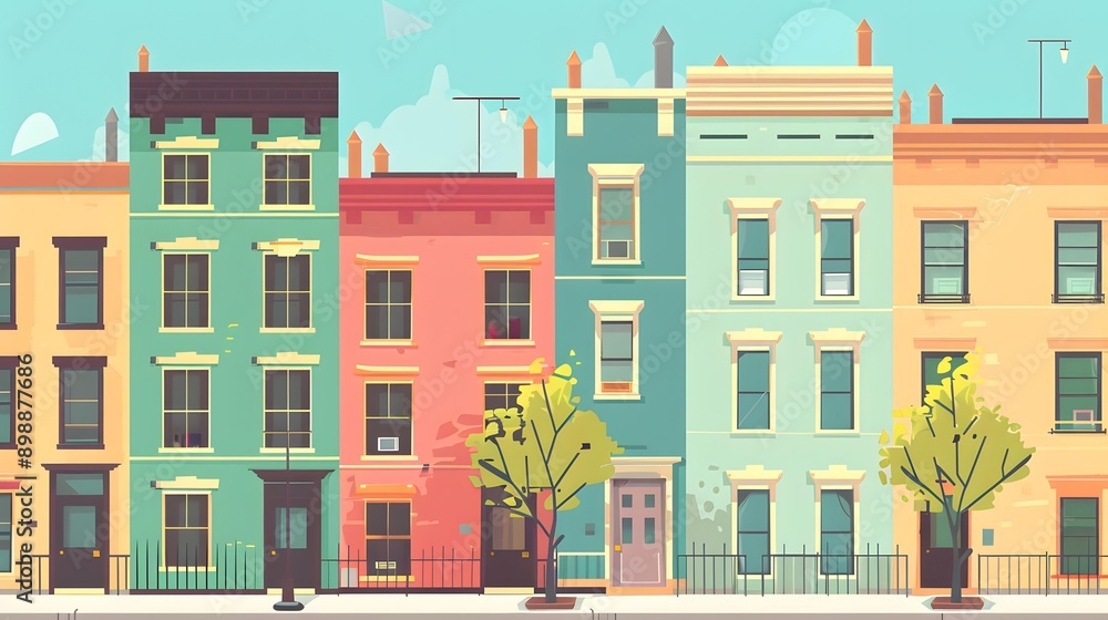 Colorful Row Houses in City Street Illustration Colorful Row Houses in City Street Illustration