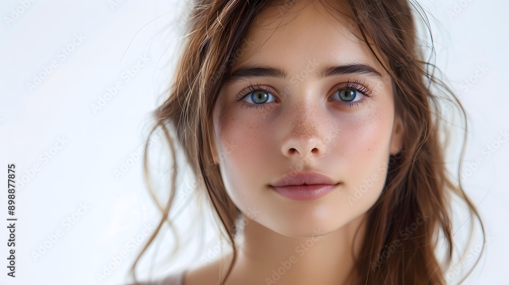 portrait of a young woman with freckles and blue eyes portrait of a young woman with freckles and blue eyes