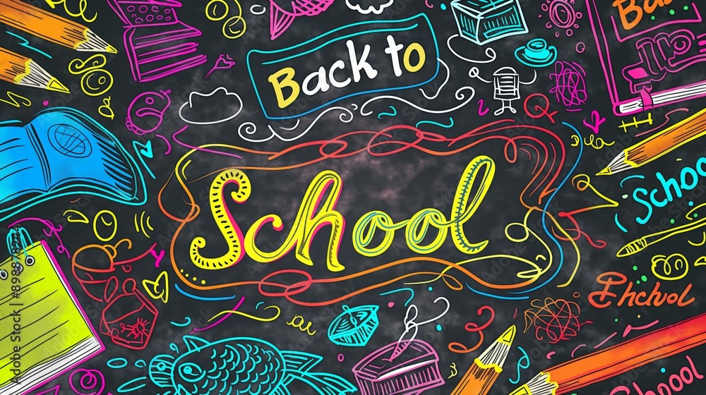 Obraz premium A colorful back to school chalkboard art featuring various school supplies, including pencils, books, and stationery on a blackboard