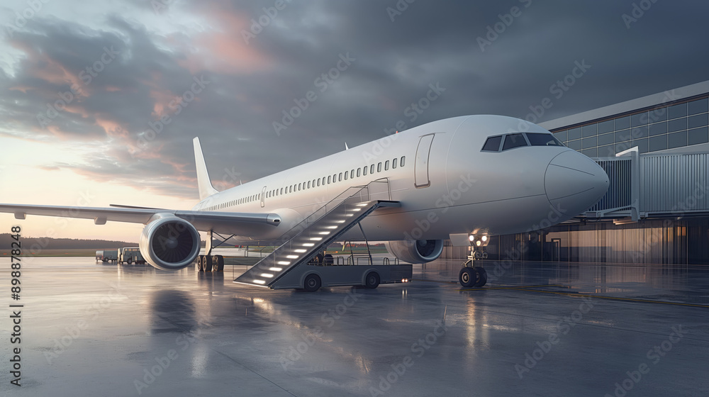 The white Unrecognizable plane at the airport takes passengers through a telescopic ladder. The white Unrecognizable plane at the airport takes passengers through a telescopic ladder.