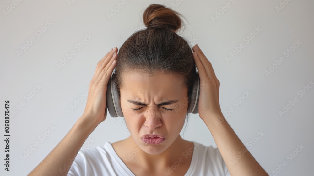 Annoyed stressed woman cover ears feel hurt ear ache pain otitis suffer from loud noise sound headache Annoyed stressed woman cover ears feel hurt ear ache pain otitis suffer from loud noise sound headache