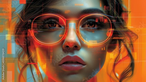 A close-up portrait of a woman's face wearing glasses, surrounded by vibrant colors and abstract patterns, representing the intersection of human expression and digital art photo