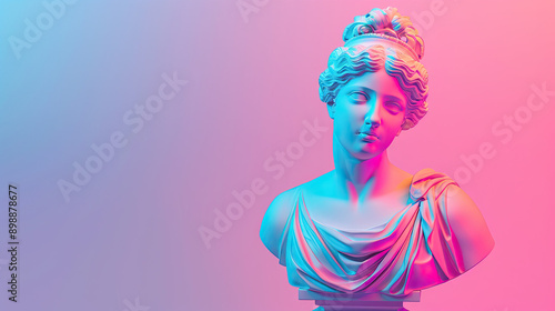Gypsum statue of a proud, happy woman posed on a pastel blue background elegant and graceful sculpture serene and artistic expression soft pastel backdrop refined and sophisticated design emotiona