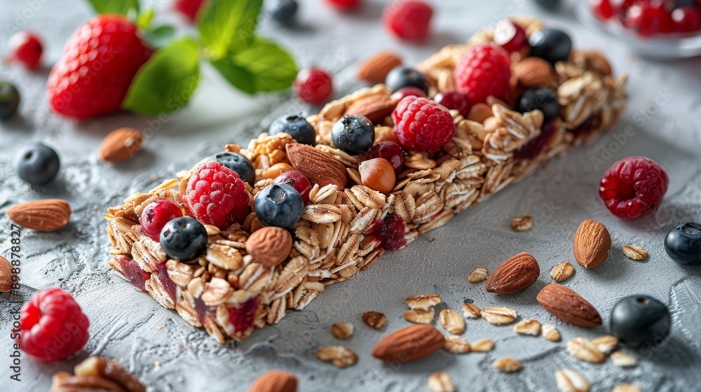 Delicious homemade granola bar is lying on a table surrounded by fresh berries and almonds Delicious homemade granola bar is lying on a table surrounded by fresh berries and almonds