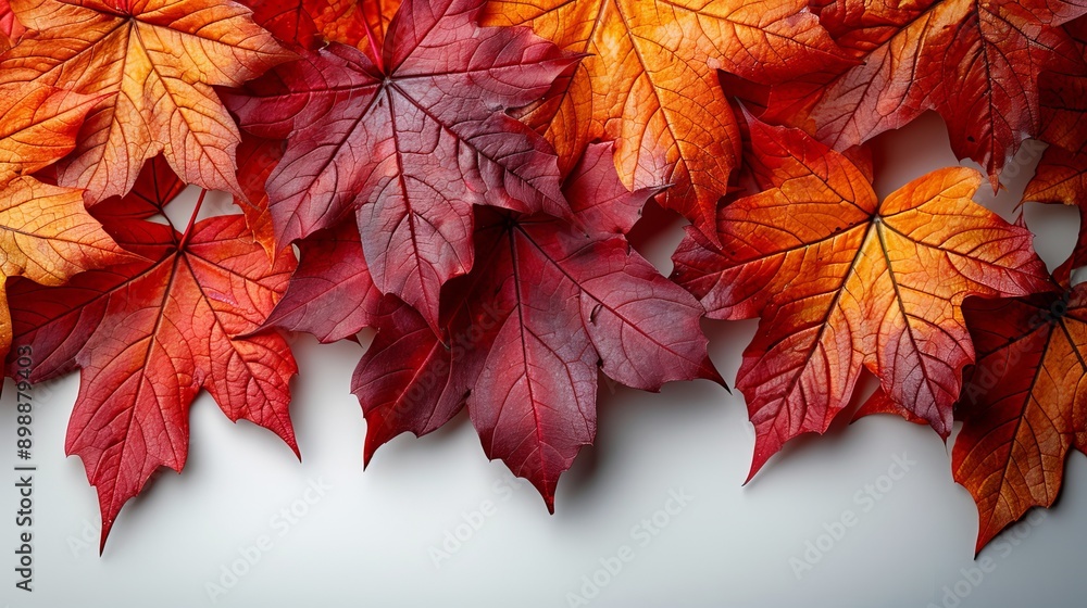 Collection of red and orange maple leaves forming a border on a white background, capturing the essence of fall Collection of red and orange maple leaves forming a border on a white background, capturing the essence of fall