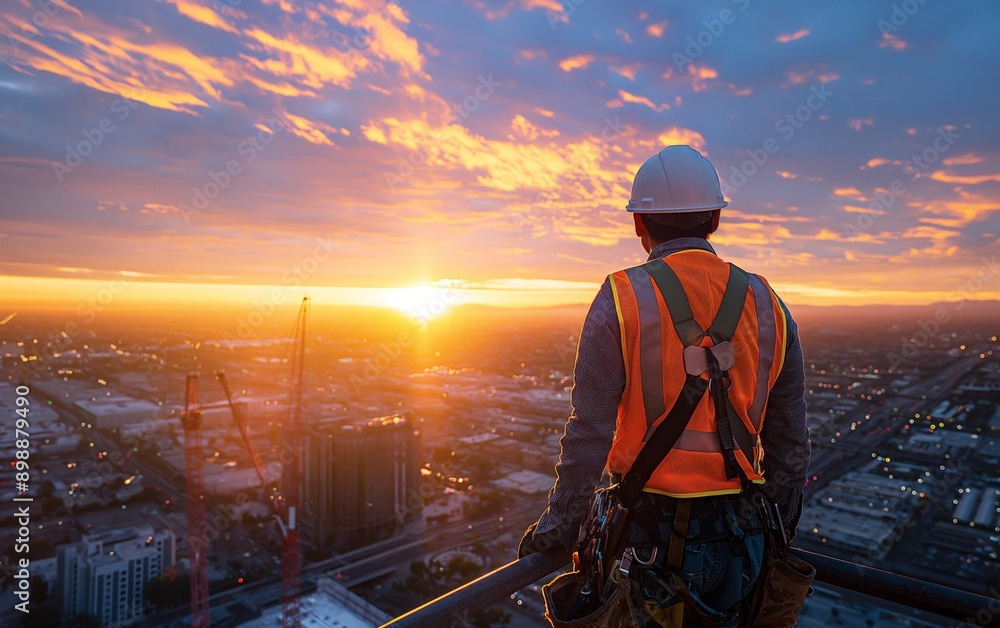 A construction worker standing on a high-rise, overlooking the cityscape at sunrise, representing progress and hard work in urban development A construction worker standing on a high-rise, overlooking the cityscape at sunrise, representing progress and hard work in urban development