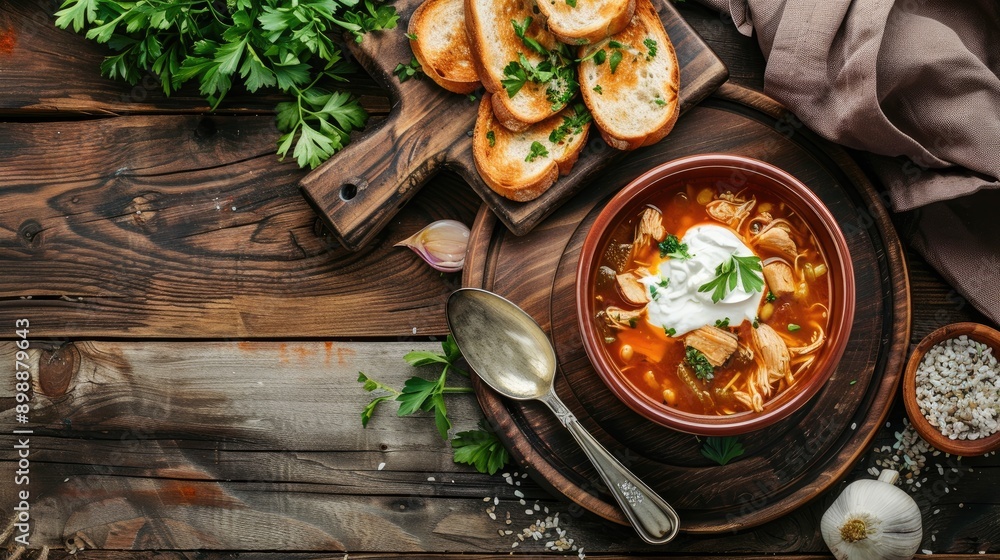 Chicken soup with sour cream and wholegrain toast served on wooden table top view lunch concept Chicken soup with sour cream and wholegrain toast served on wooden table top view lunch concept