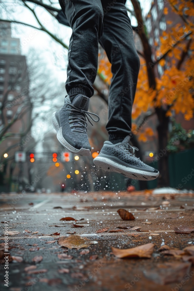 Urban Autumn Runner: Dynamic Jump Over Rainy Street Puddle Urban Autumn Runner: Dynamic Jump Over Rainy Street Puddle