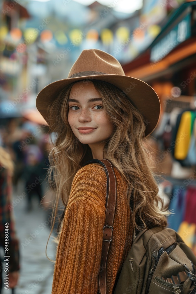 Stylish Young Woman in Hat Smiling on City Street Stylish Young Woman in Hat Smiling on City Street