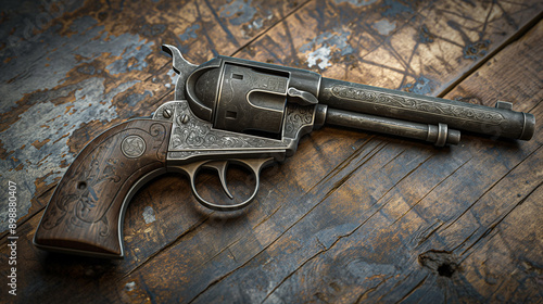 A vintage revolver resting on a rustic wooden table