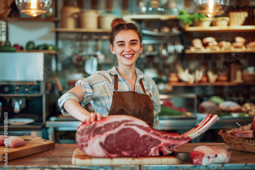 A woman is smiling while holding a large piece of meat