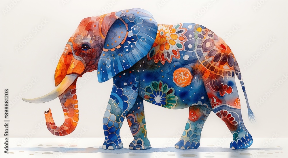 Obraz premium A colorful abstract painting of an elephant featuring intricate patterns and expressive eyes, emphasizing the majesty and elegance of the animal
