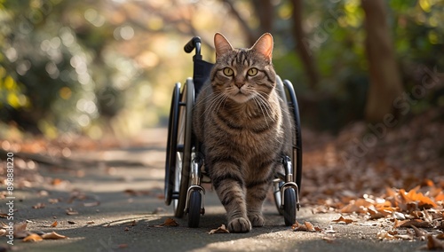 A determined tabby cat in a wheelchair confidently navigates a picturesque autumn trail, surrounded by vibrant leaves and serene nature. photo