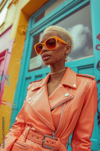 Stylish Woman in Orange Sunglasses and Leather Jacket Against Colorful Urban Background