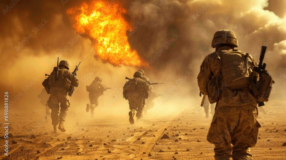Brave Soldiers Advancing Through Desert Battlefield Amidst Explosions Brave Soldiers Advancing Through Desert Battlefield Amidst Explosions