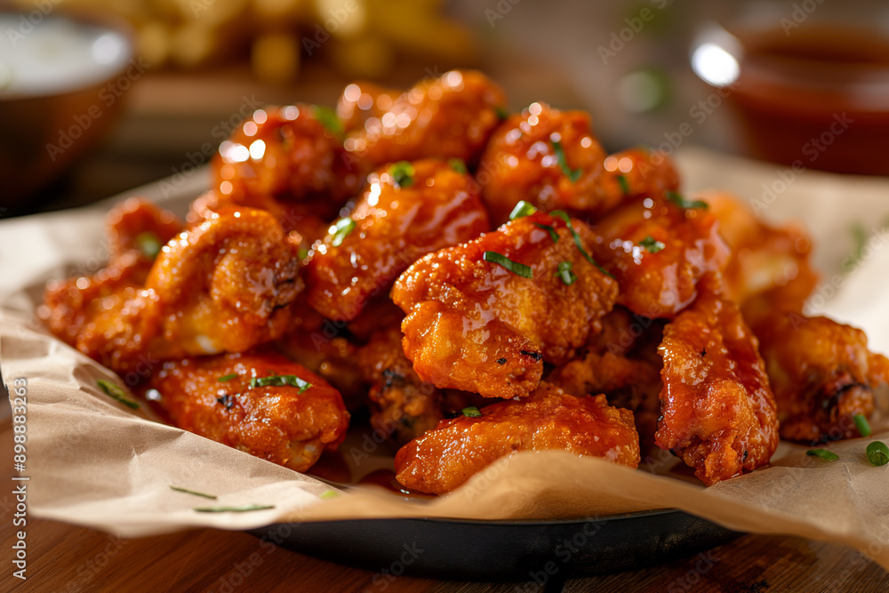 Boneless chicken wings dipped in buffalo and BBQ sauce, sweet chicken meat, sweet and sour ribs, soy honey sauce pork Boneless chicken wings dipped in buffalo and BBQ sauce, sweet chicken meat, sweet and sour ribs, soy honey sauce pork