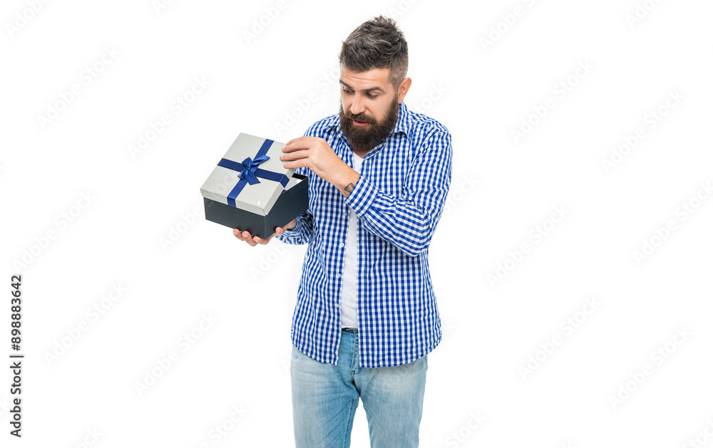 Man with gift isolated on white. Romantic gift for the date. Present for mens day. Man on February 14. Bearded guy hold present box for Valentines day. Happy Valentines day. Mens day Man with gift isolated on white. Romantic gift for the date. Present for mens day. Man on February 14. Bearded guy hold present box for Valentines day. Happy Valentines day. Mens day