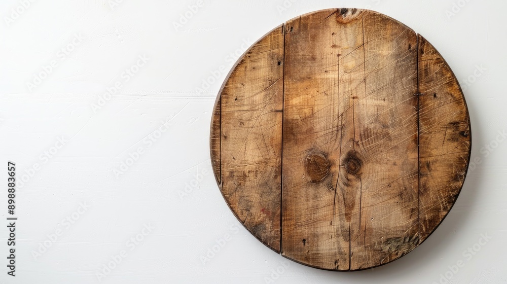 Aged circular cutting board on white backdrop Aged circular cutting board on white backdrop