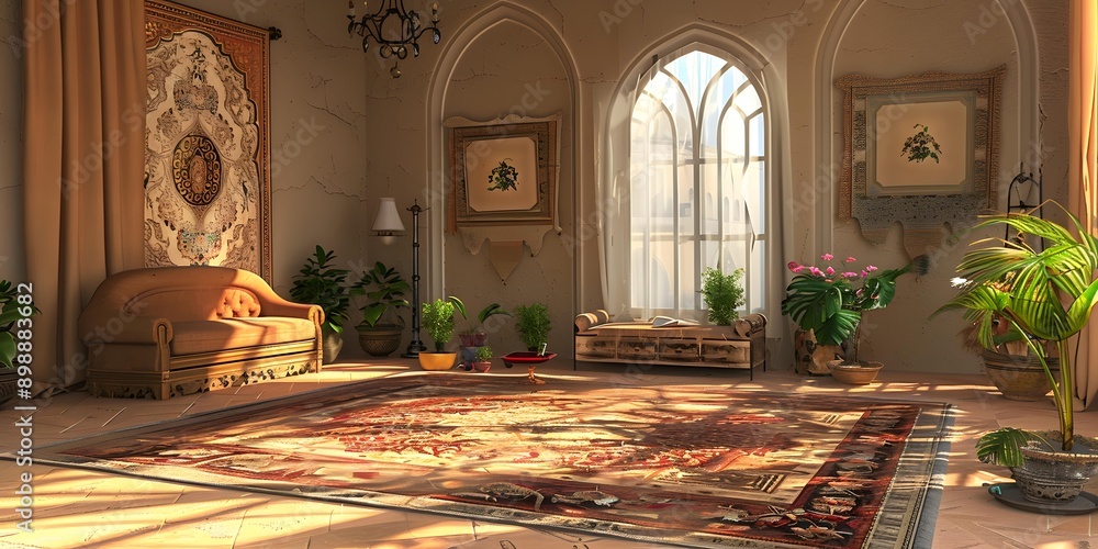 Obraz premium Living Room with Ornate Rug and Large Windows