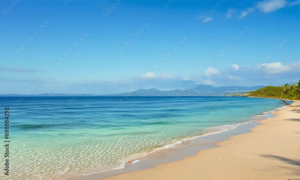 Serene tropical beach with clear blue water and golden sand, offering a picturesque view of distant mountains and a vibrant sky Serene tropical beach with clear blue water and golden sand, offering a picturesque view of distant mountains and a vibrant sky