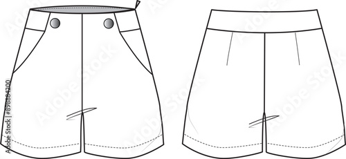Women's Button-up Shorts. Technical fashion illustration with side pockets. Front and back, white color. Women's CAD mock-up.