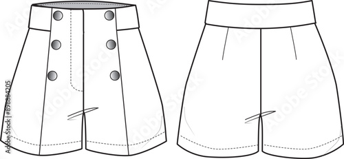 Women's Button-up Shorts. Technical fashion illustration. Front and back, white color. Women's CAD mock-up.