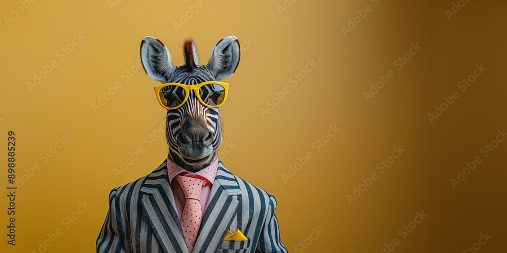 Fototapeta premium A zebra dressed in a stylish striped suit and sunglasses stands against a blue background, embodying a unique view of cool animals in fashion