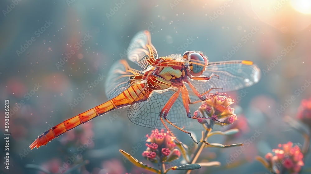 Beautiful dragonfly with orange and yellow stripes perching on a pink flower in a garden on a sunny day Beautiful dragonfly with orange and yellow stripes perching on a pink flower in a garden on a sunny day