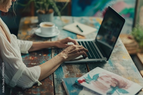 A woman types on a laptop at a colorful artistic table in a cozy cafe, suggesting creativity and remote work, creating a comfortable and inspiring environment