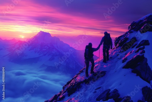 A hiker helping a friend on the peak of a mountain at sunrise, showcasing teamwork and the spirit of adventure, perseverance, and exploration