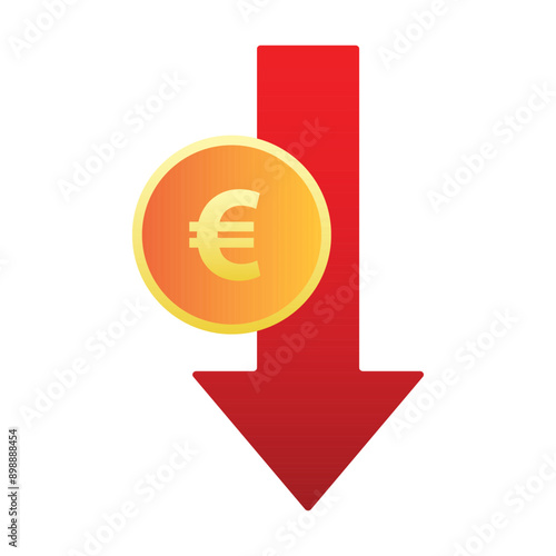 Red arrow going down stock with euro coin icon on white background. Bankruptcy, financial market crash icon for your web site design, logo, app, UI. graph chart downtrend symbol.chart going down.