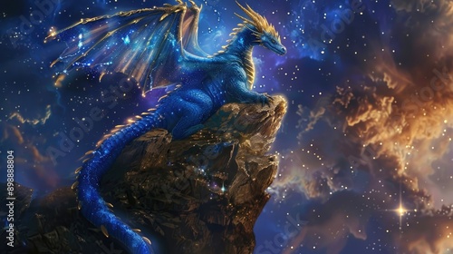 A detailed digital illustration of a blue dragon's head and neck with golden accents and sharp horns