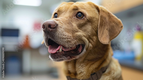 Close-up portrait of a dog against the backdrop of a veterinary clinic. Veterinary clinic for dogs and cats. Concept of how to prevent pets from getting sick