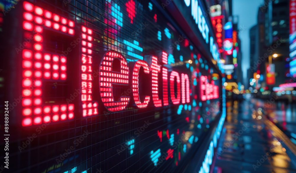 Election spelled in bold digital font on a stock market ticker screen, symbolizing the intersection of politics and financial markets during election cycles Election spelled in bold digital font on a stock market ticker screen, symbolizing the intersection of politics and financial markets during election cycles