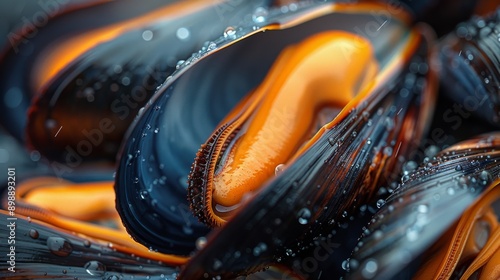 Fresh mussels glistening with water droplets, their vibrant orange flesh peeking through their dark shells, create an appetizing culinary scene